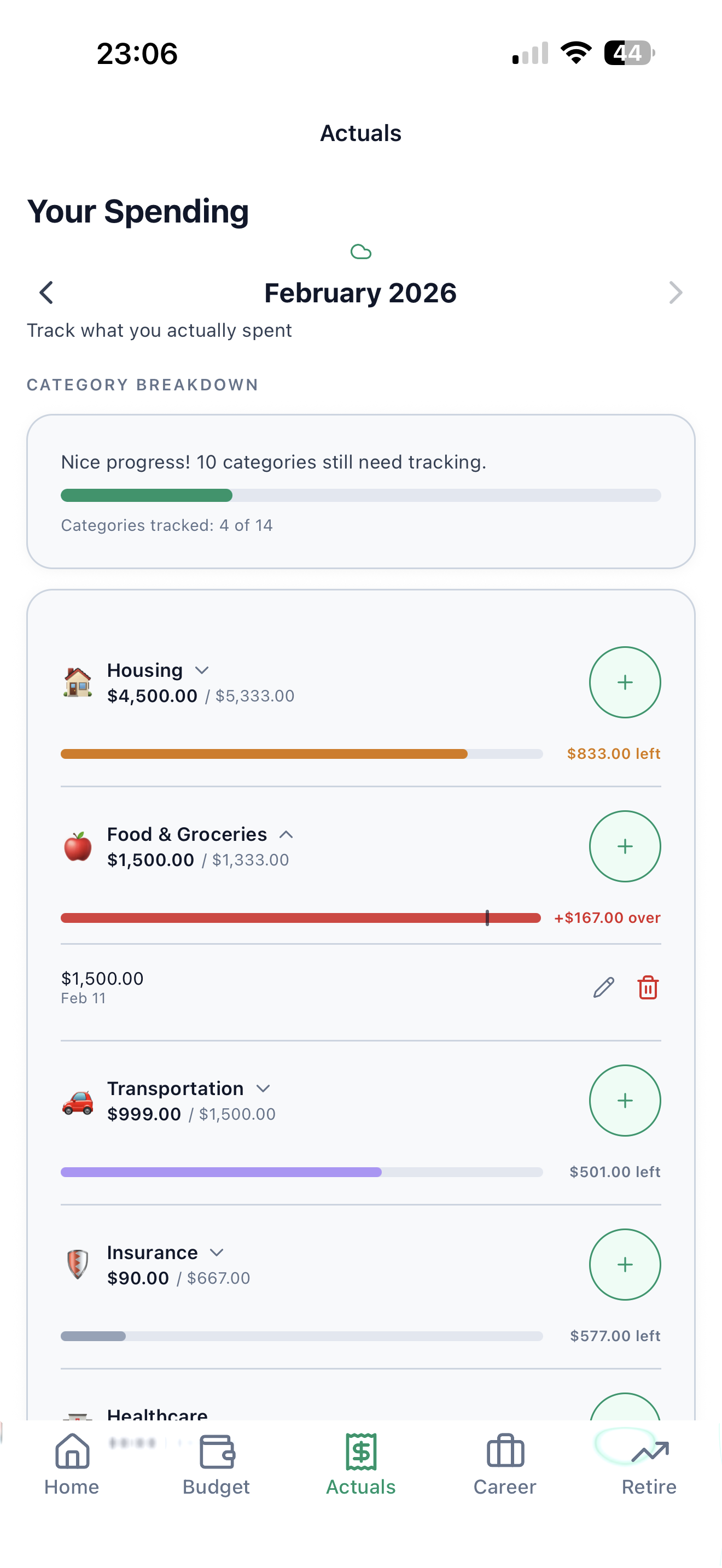 ClariFi expense tracking with spending progress bars