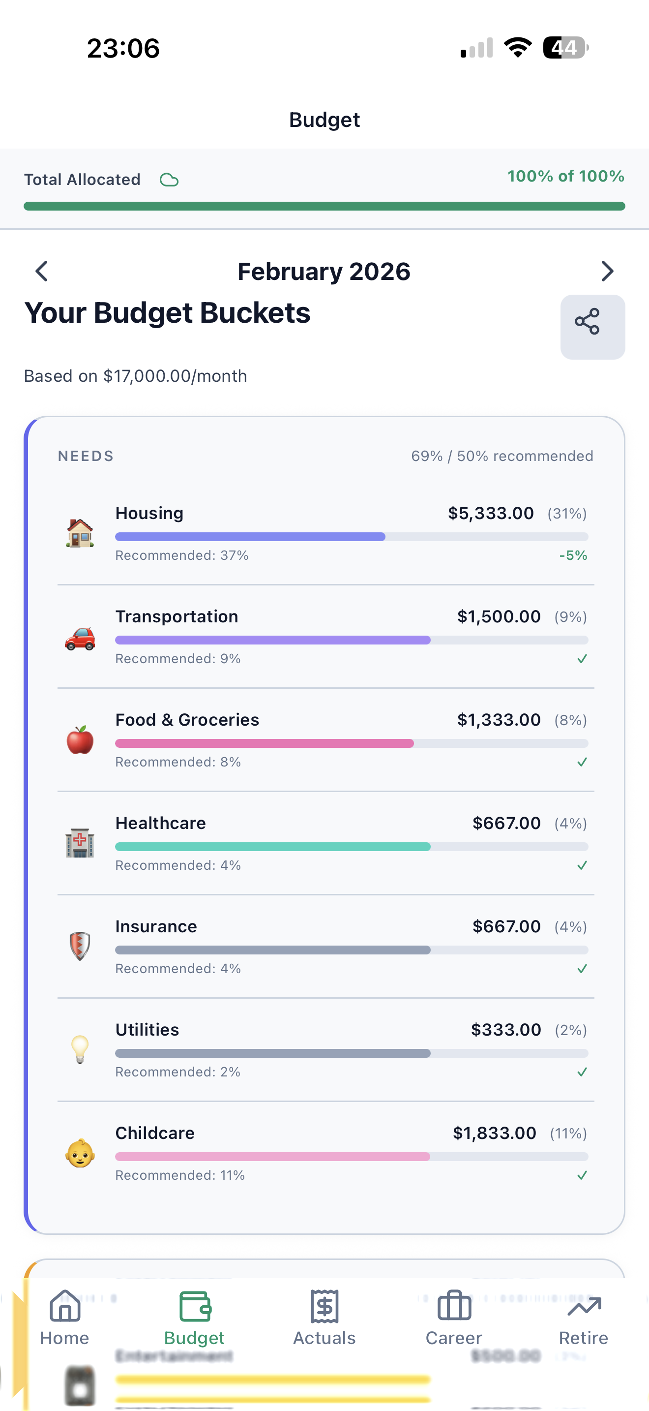 ClariFi budget allocation with category breakdowns