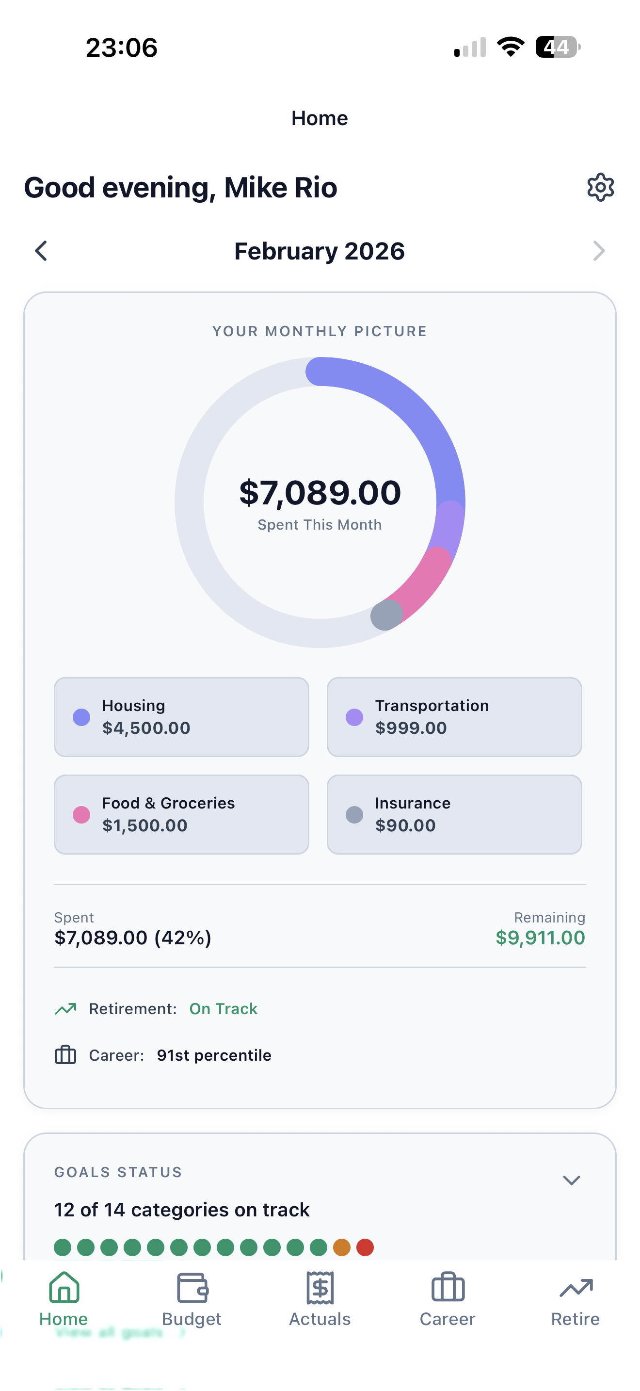 ClariFi app showing monthly spending breakdown